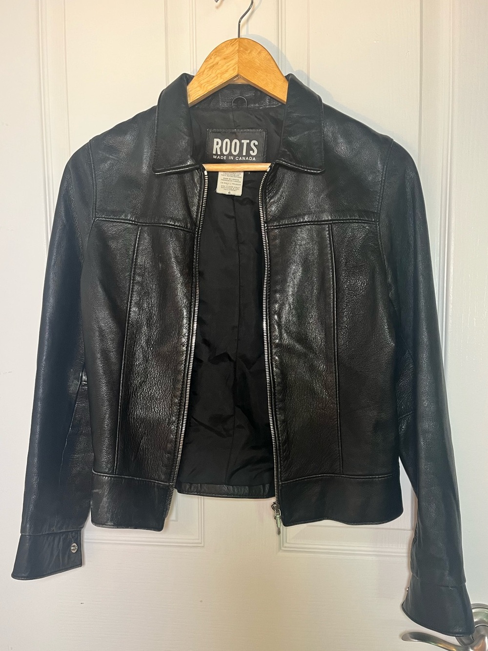 Vintage Roots Canada Black Pebbled Leather Jacket Zip Y2K